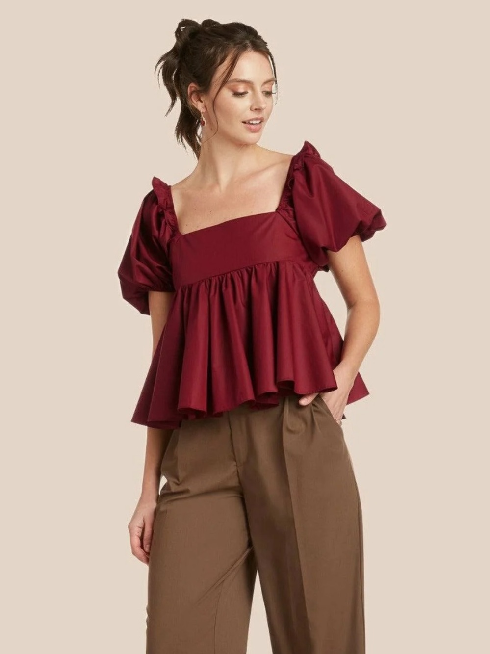 EN SAISON Poplin Babydoll Blouse Burgundy Puff Sleeve Size Extra Small